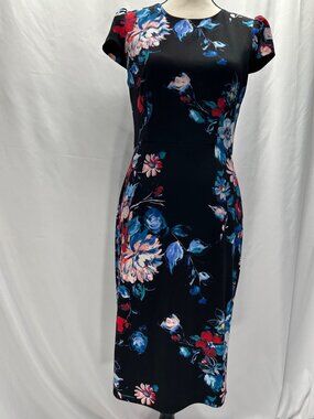 BETSEY JOHNSON Black Floral Kit Stretch Midi Sheath Dress 4 Cap Sleeves Back Zip